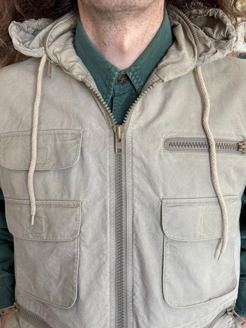 Vintage 80s Banana Republic Khaki Hooded Bush Vest Utility Gorpcore ~ Size M